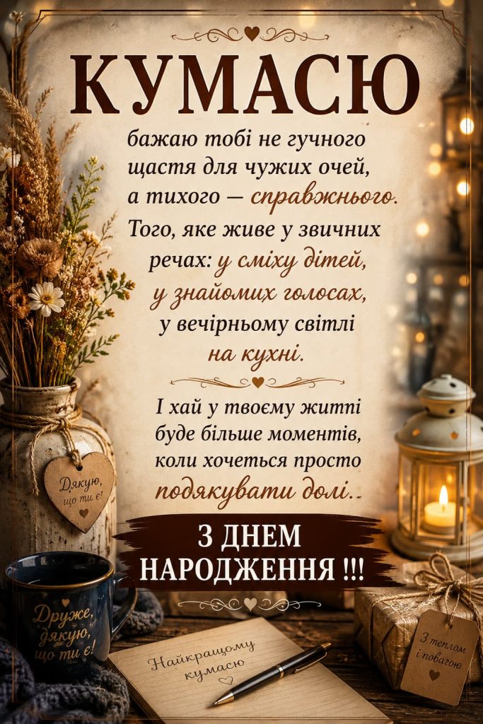 Привітання з Днем народження кумася до сліз та картинки — слова, що обіймають сильніше за роки й відстані