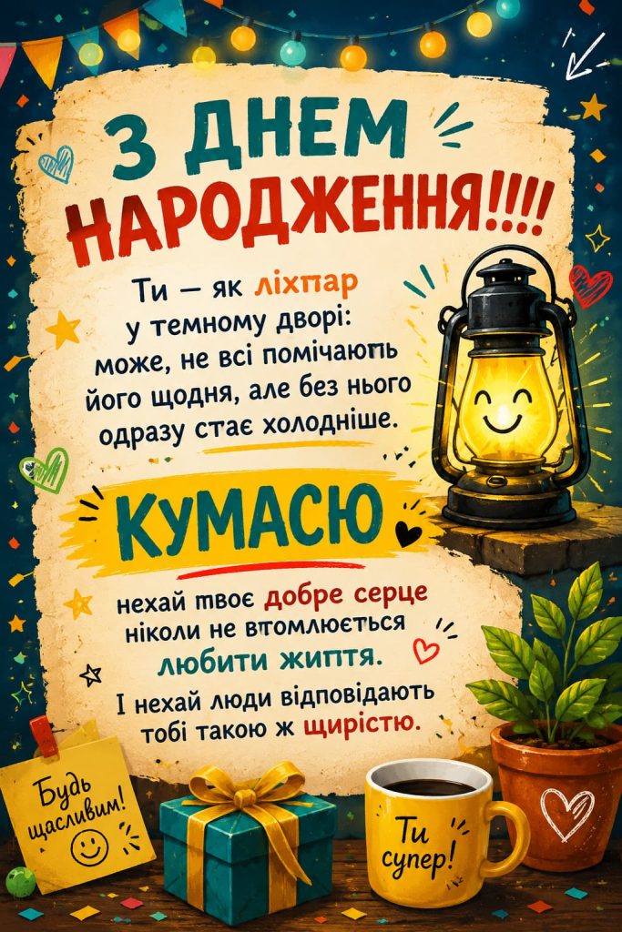 Привітання з Днем народження кумася до сліз та картинки — слова, що обіймають сильніше за роки й відстані